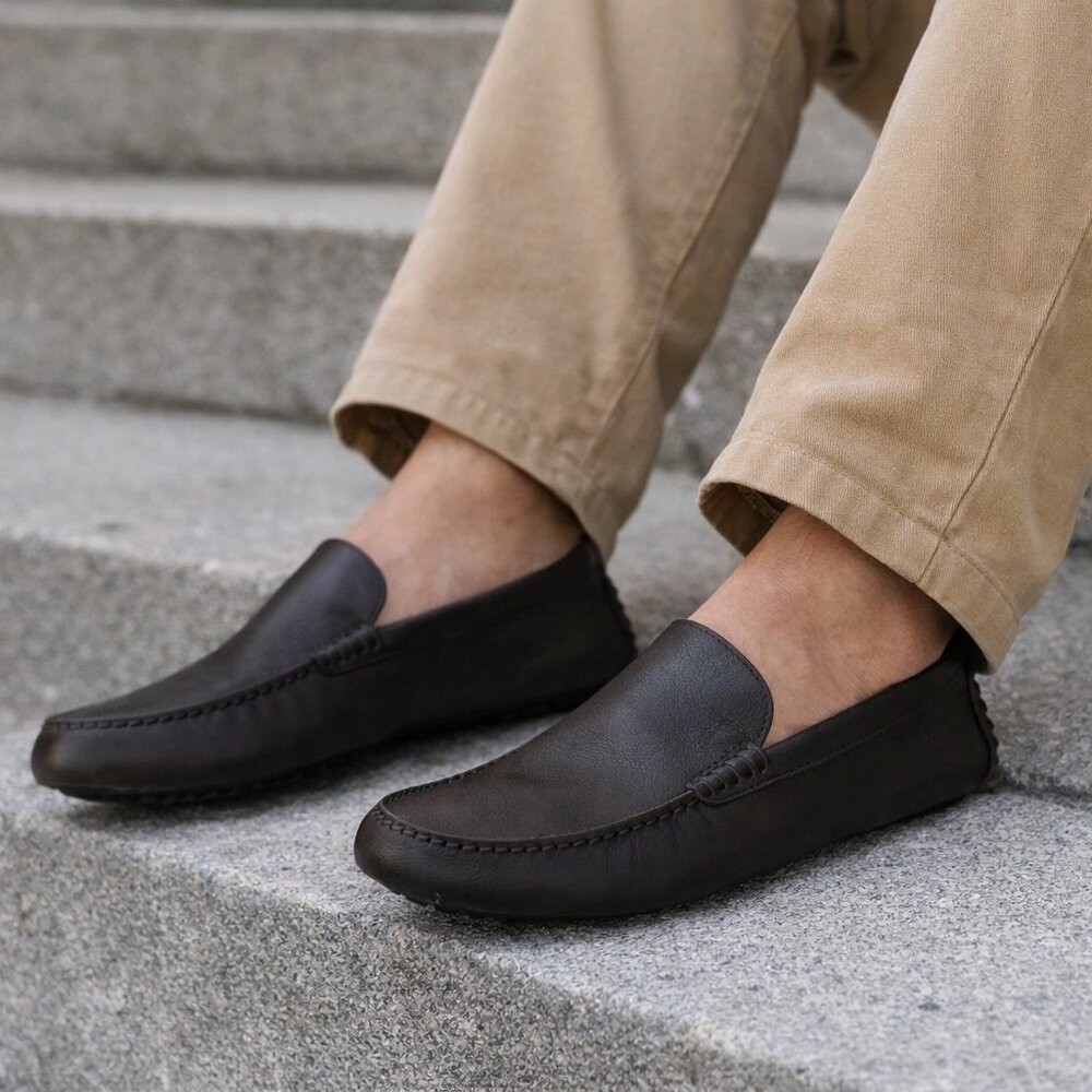 ZARA Men's Black Leather Loafers Size 42 EU 9 US Slip On Driving Moccasins